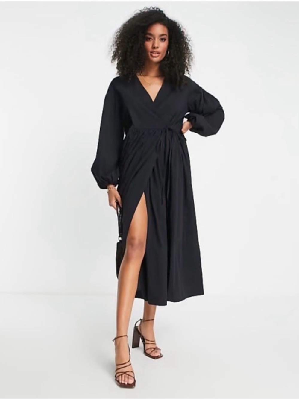 ASOS EDITION Black Wrap Midi Dress with Long Sleeves